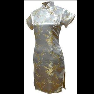 Gold Floral Satin Cheongsam Dress